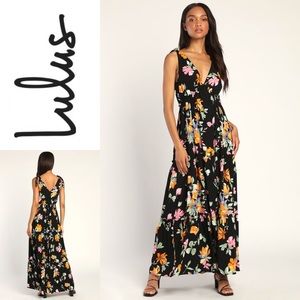 NWT LULUS Beloved Bae Black Floral Print Tie-Strap Tiered Maxi Dress